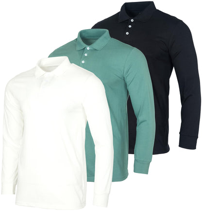 3 Pack Mens Big and Tall King Size Cotton Jersey Long-Sleeve Active Polo Shirt for Men Casual Performance Golf Quick Dry Shirts Casual Pullover Collar Camisas Tshirts Athletic- Set 2 3X